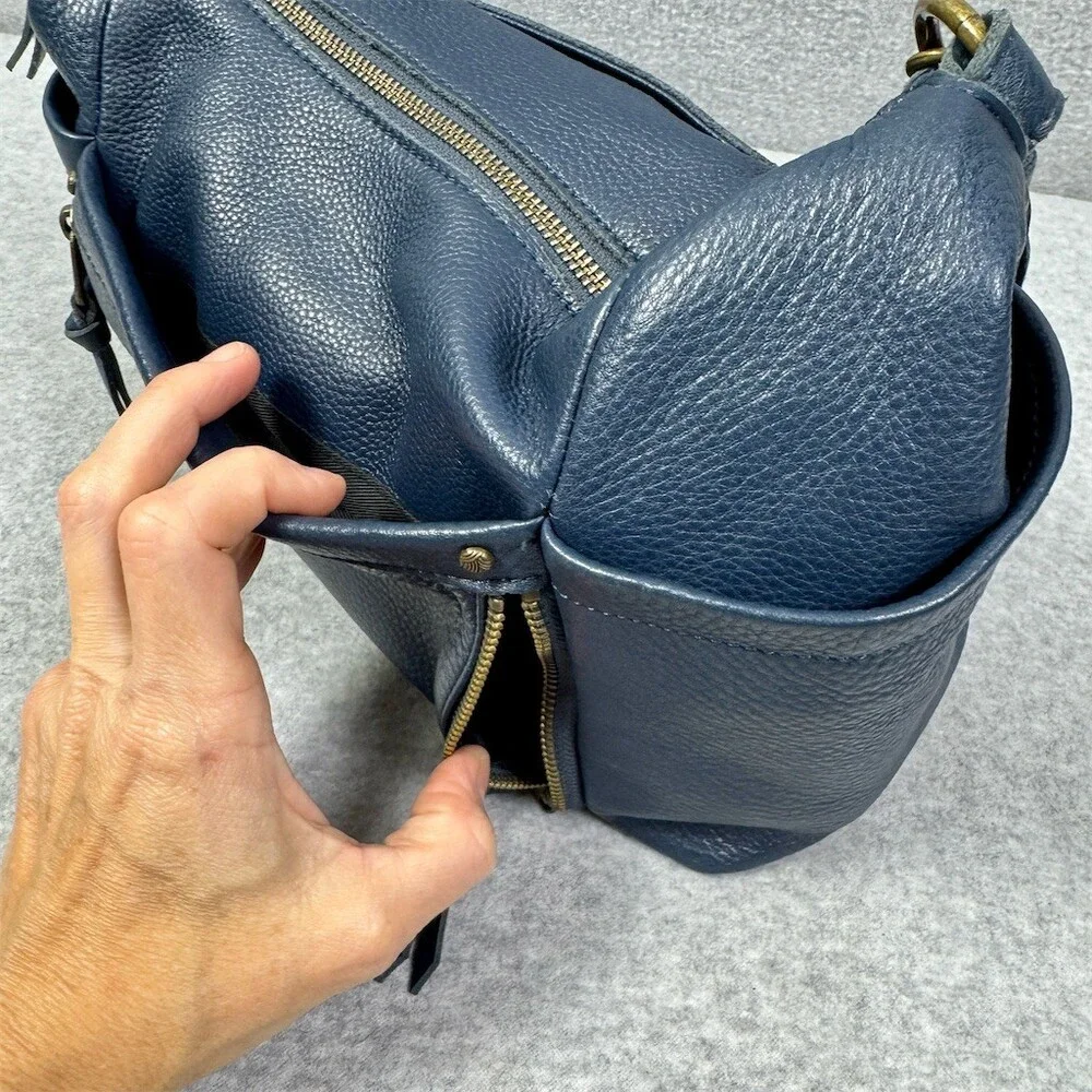 The Sak Hobo Shoulder Bag Womens Small Blue Pebbled Tassel Double Zip